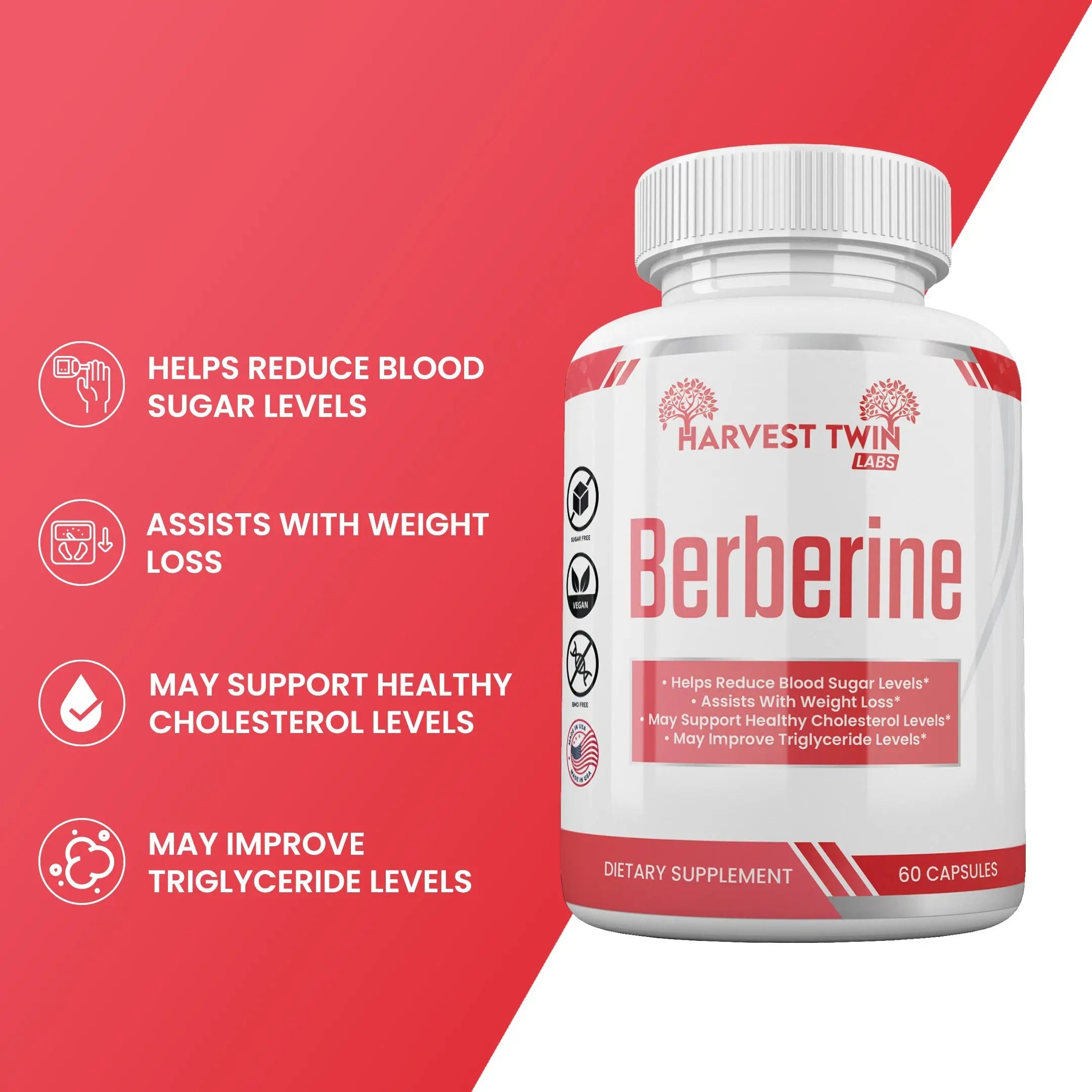 Harvest Twin Labs Berberine 500 mg Capsules – Dietary Supplement, 60 Count