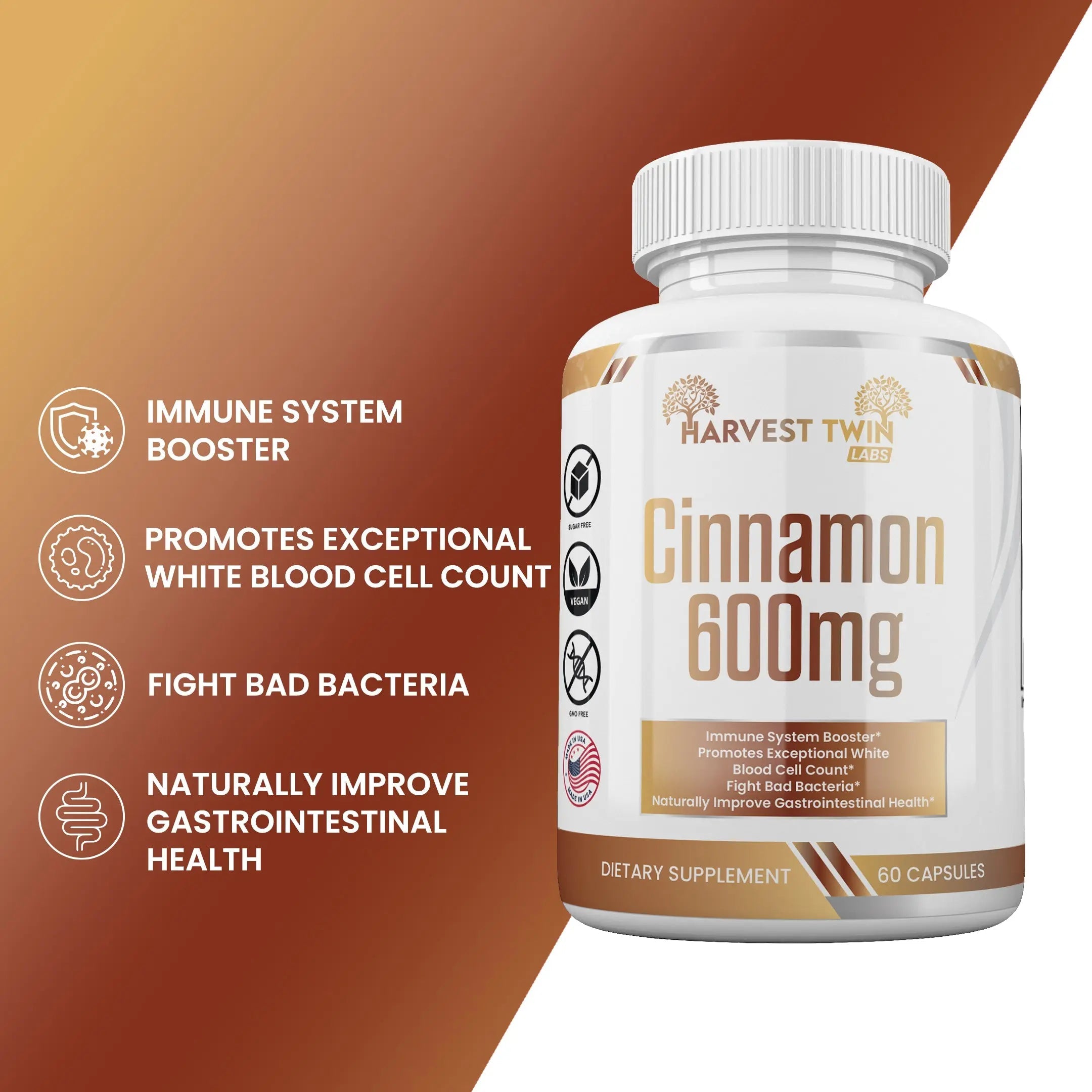 Harvest Twin Labs True Ceylon Cinnamon 600mg | Cinnamomum verum Dietary Supplement | Capsules