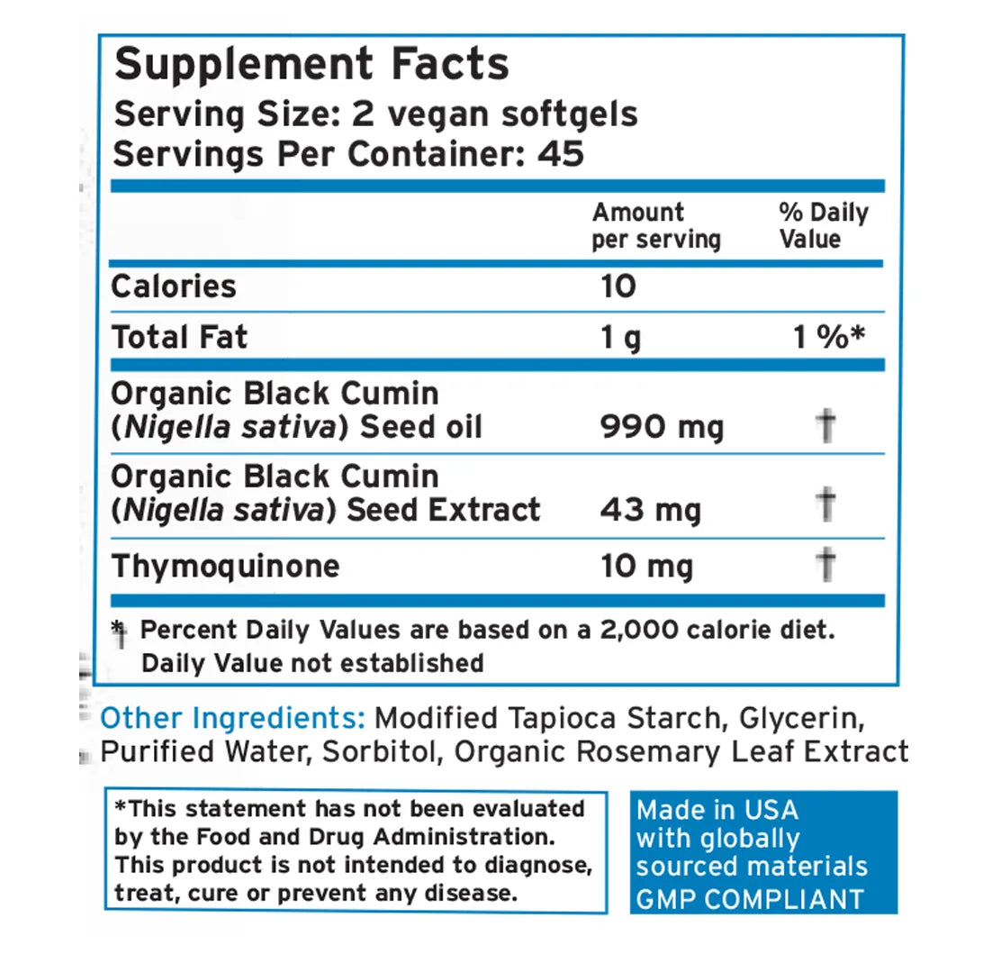 Black Seed Oil Vegan Softgels | Nigella sativa Dietary Supplement | 90 Count